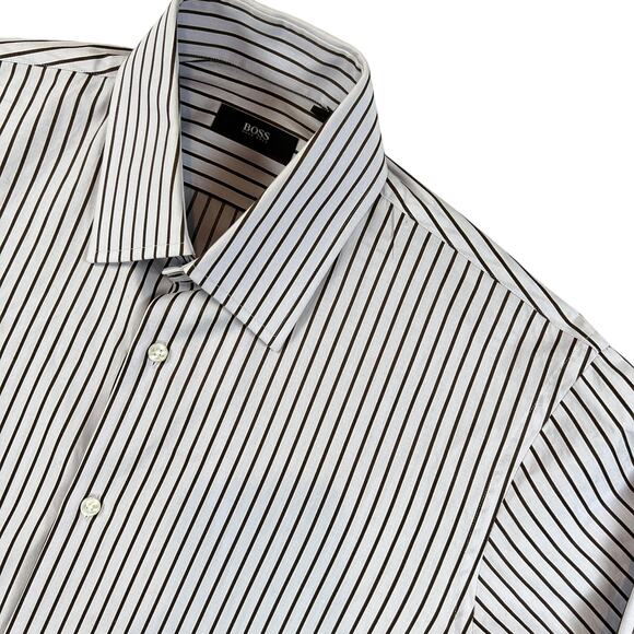 Boss Hugo Boss Striped Dress Shirt Men's 15.5 32/33 Purple Brown White Stripes - Picture 1 of 10